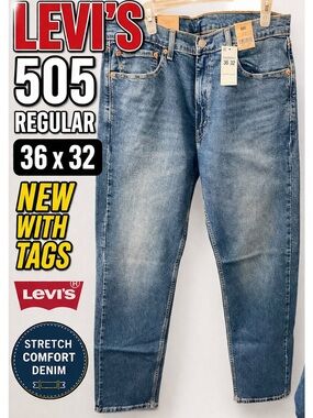 Levi’s 505 Regular Jeans 36x32 NWT Straight Leg Med Wash Stretch Denim Classic